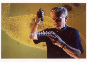 Marshall Nirenberg with test tubes, 1990s. Photo courtesy of Profiles in Science, National Library of Medicine.  